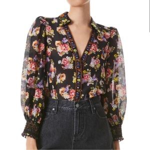 Alice and Olivia Smocked Sleeve Floral Blouse